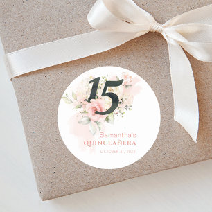 Sticker Rond Quinceanera rose florale Aquarelle 15e anniversair