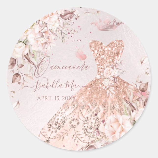 Sticker Rond Quinceanera Rose Gold Parties scintillant Robe de  (Devant)