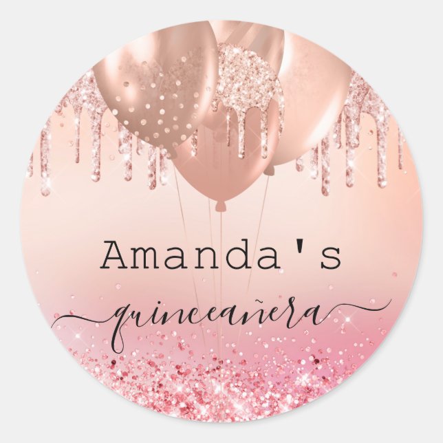 Sticker Rond Quinceanera rose or blush rose bulles nom (Devant)