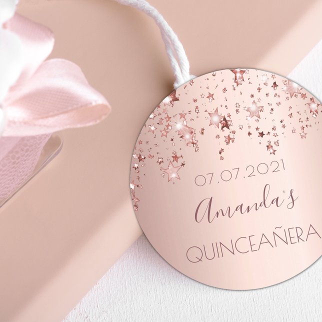 Sticker Rond Quinceanera rose or brillant étoiles glittery (Créateur téléchargé)