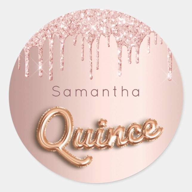 Sticker Rond Quinceanera rose or parties scintillant quince mon (Devant)