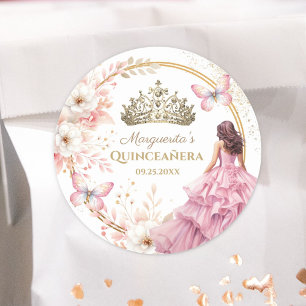 Sticker Rond Quinceañera Rose Pâle Floral Diadème Doré Papillon