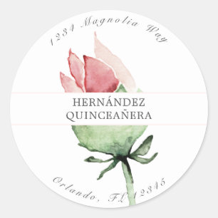 Sticker Rond Quinceañera rose & vert élégant
