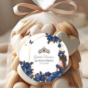 Sticker Rond Quinceañera Roses Couronne Dorée Bleu Marine