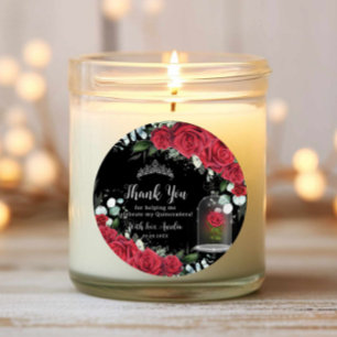 Sticker Rond Quinceañera Rouge Floral Rose enchanté noir