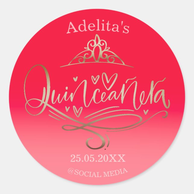 Sticker Rond Quinceañera rouge rouge rose 15e anniversaire (Devant)