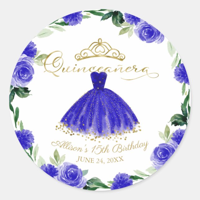 Sticker Rond Quinceanera Royal Blue Gown Floral (Devant)