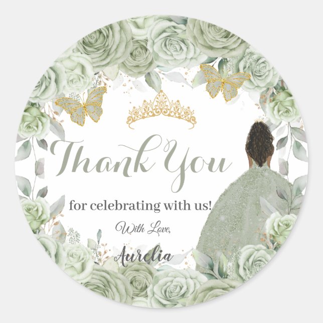 Sticker Rond Quinceañera Sage Vert Floral Brown Princesse Favor (Devant)