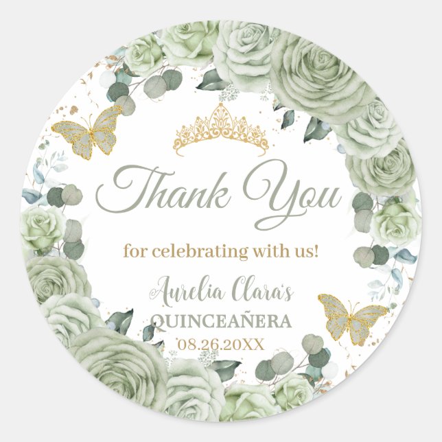 Sticker Rond Quinceañera Sage Vert Floral Papillons Or (Devant)