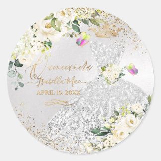 Sticker Rond Quinceanera Silver Gown Gold Parties scintillant C
