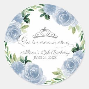 Sticker Rond Quinceanera Silver Tiara Bleu clair Floral