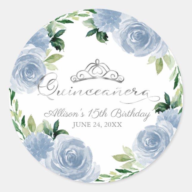 Sticker Rond Quinceanera Silver Tiara Bleu clair Floral (Devant)