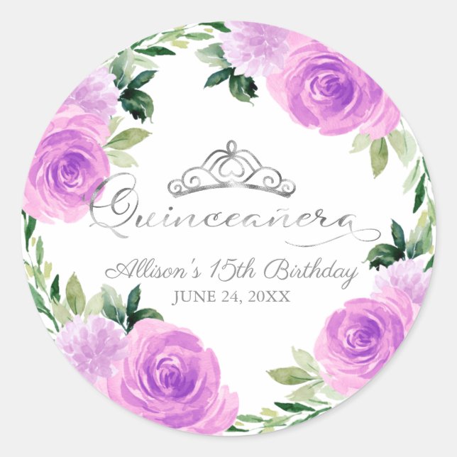 Sticker Rond Quinceanera Silver Tiara Léger Violet Floral (Devant)