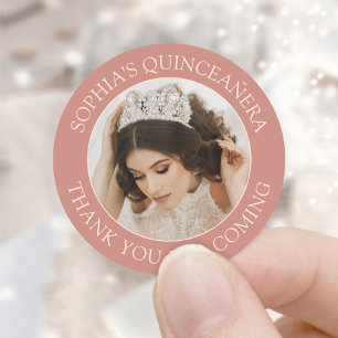 Sticker Rond Quinceañera Simple Photo Rose or rose Merci
