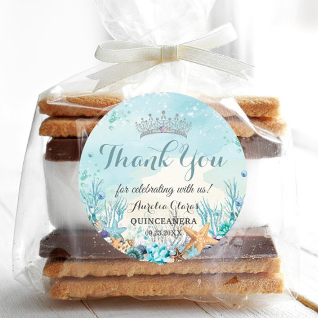 Sticker Rond Quinceañera sous la mer Coquillages Coraux (under the sea Quinceañera quince xv sweet 16 birthday bridal shower round favor stickers labels)
