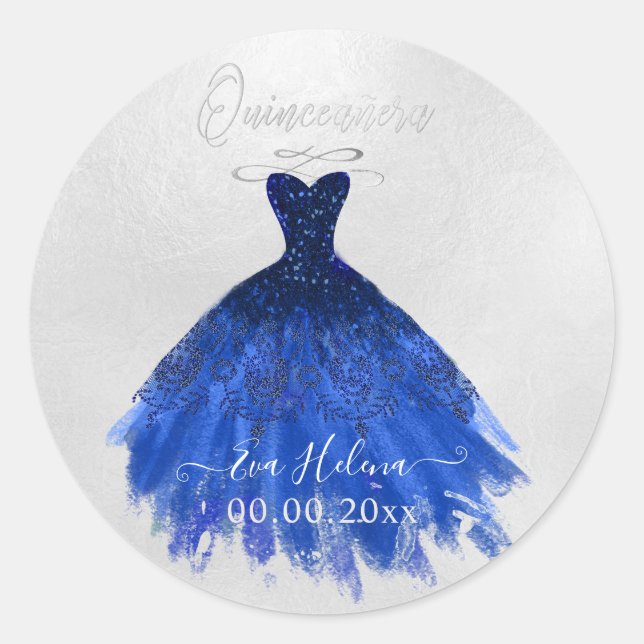 Sticker Rond Quinceañera Sparkle Gown, bleu marine (Devant)