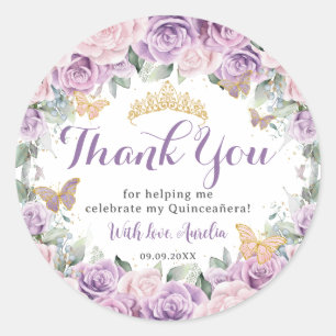 Sticker Rond Quinceañera Sweet 16 violet Lilac rose or floral