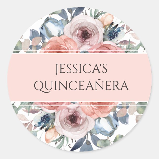 Sticker Rond Quinceañera, Timbre/Enveloppe Florale Enchantée/Fa (Devant)