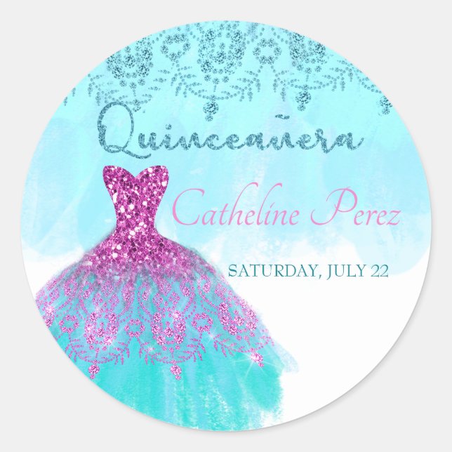 Sticker Rond quinceanera turquoise 15e anniversaire de faveur (Devant)