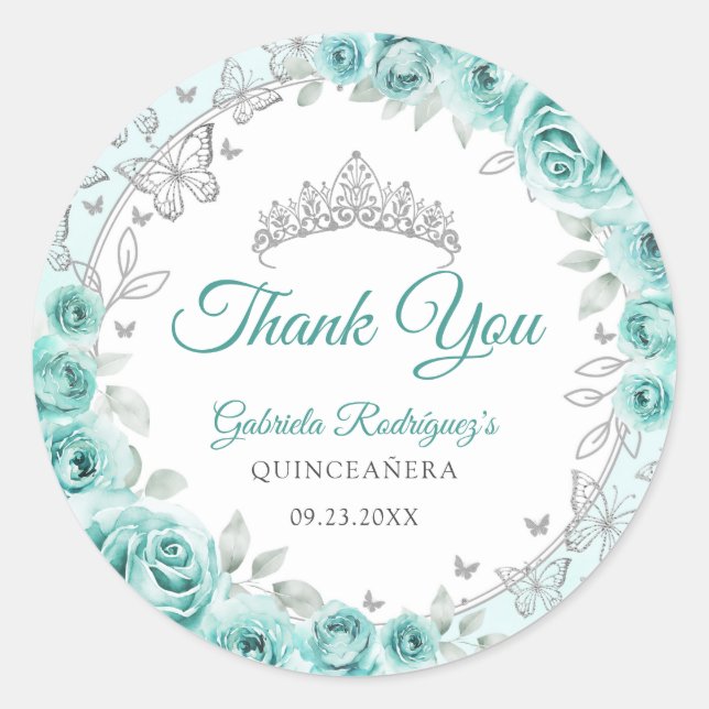 Sticker Rond Quinceanera Turquoise Argent (Devant)