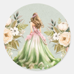 Sticker Rond Quinceanera verte et rose fête d'anniversaire