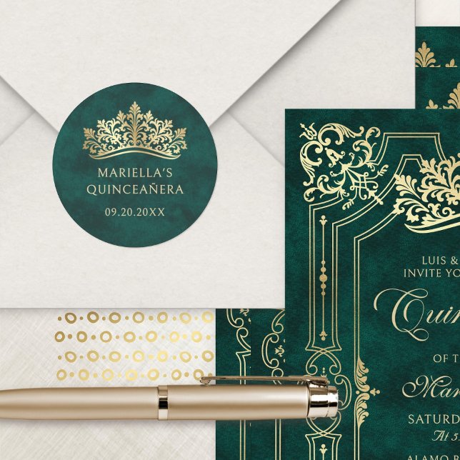 Sticker Rond Quinceanera verte Tiara Couronne élégante (Créateur téléchargé)