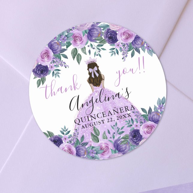 Sticker Rond Quinceanera violet de Merci floral (Floral Thank You Purple Quinceanera Classic Round Sticker)