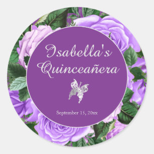 Sticker Rond Quinceañera Violet Floral Papillon Vintage