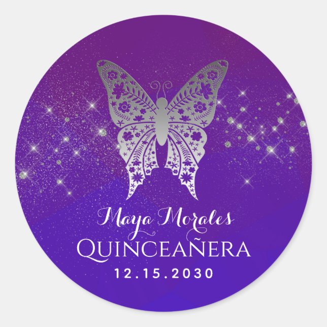 Sticker Rond Quinceanera violet parties scintillant (Devant)
