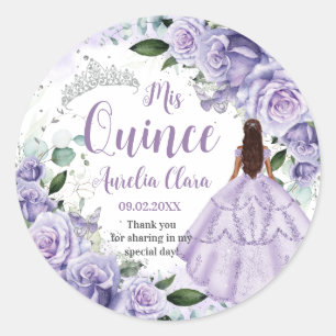 Sticker Rond Quinceañera Violet Rose Floral Silver Princesse