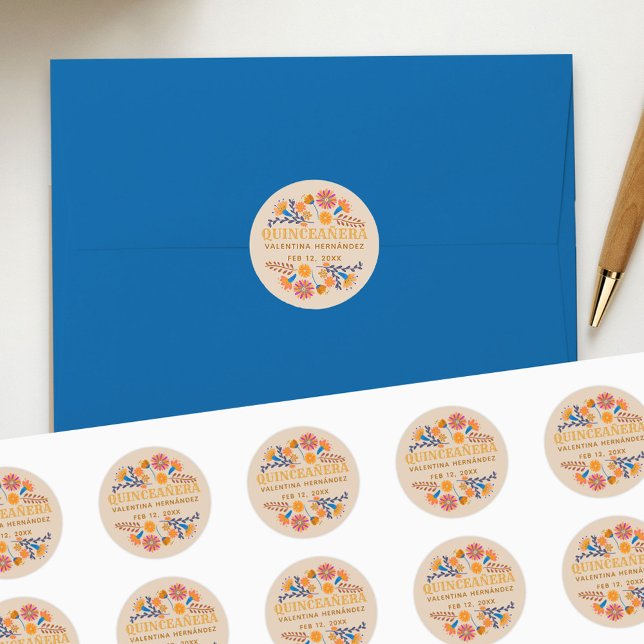 Sticker Rond Quinceanera Western Mexican Fiesta Party (Quinceanera stickers with earthy folk art flowers from my Mexican Floral collection)