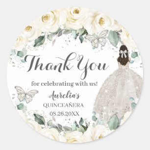 Sticker Rond Quinceañera White Floral Princess Butterfly Silver