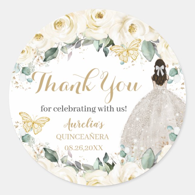 Sticker Rond Quinceañera White Gold Floral Princess Papillons (Devant)