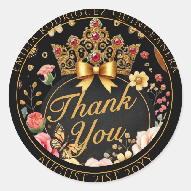 Sticker Rond Quniceanera Favoriser Cadeaux Roses Rouges Tiara M (Devant)