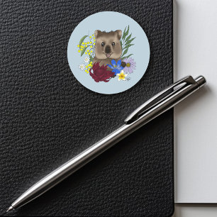 Sticker Rond Quokka Heureux Australie Floral Bleu