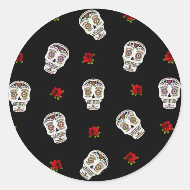Sticker Rond RAB Rockabilly Sugar Skulls Roses sur fond noir (Devant)