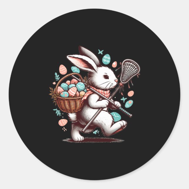 Sticker Rond Rabbit bunny lacrosse player happy easter egg hunt (Devant)