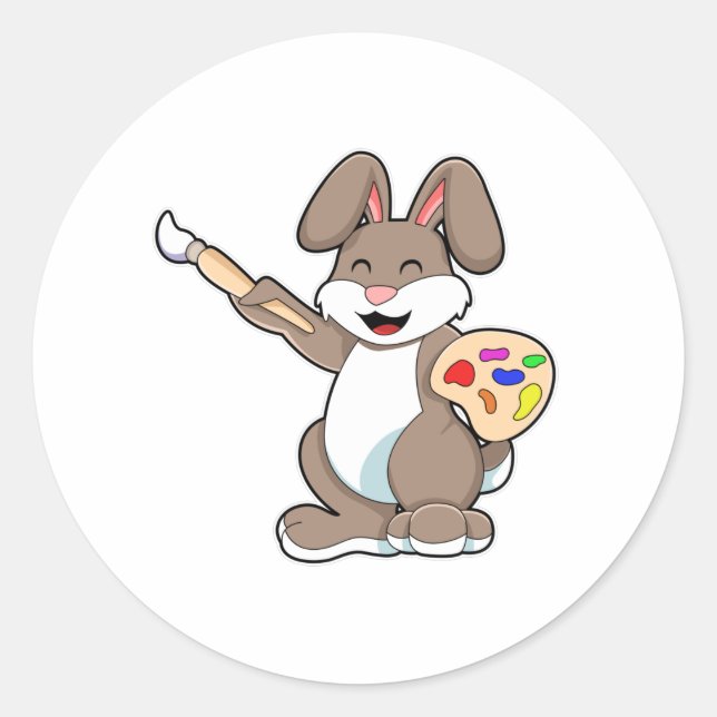 Sticker Rond Rabbit comme peintre avec pinceau et peinture (Devant)