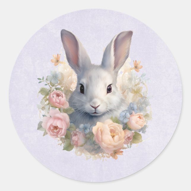 Sticker Rond Rabbit Surrounded by Pastel Flowers Cute (Devant)