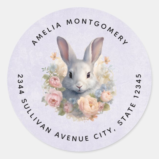 Sticker Rond Rabbit Surrounded by Pastel Flowers Cute - Address (Devant)