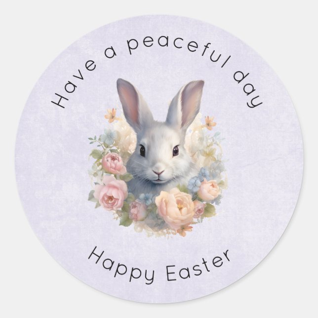 Sticker Rond Rabbit Surrounded by Pastel Flowers Cute Easter (Devant)