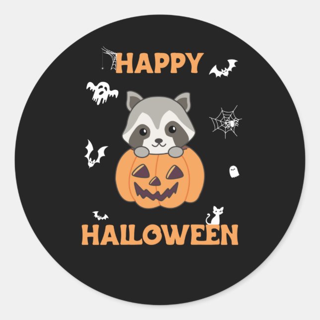 Sticker Rond Raccin En Citrouille Sweet Raccoon Halloween heure (Devant)
