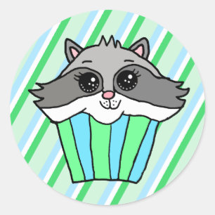 Sticker Rond Raccoon Anniversaire Cupcake