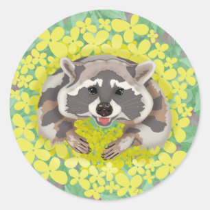 Sticker Rond Raccoon aux fleurs jaunes.