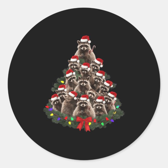 Sticker Rond Raccoon Christmas Tree Lights Pajama Racoon Lover  (Devant)