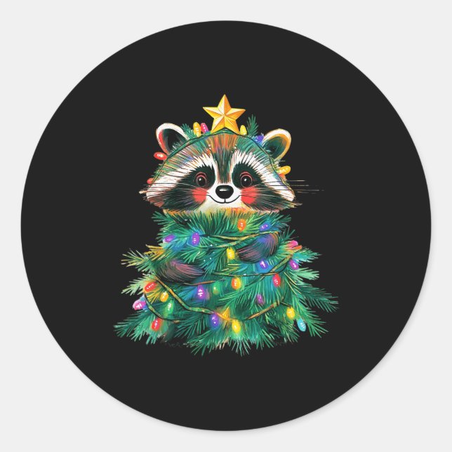 Sticker Rond Raccoon Christmas Tree Pajamas Girls Boys Xmas Lig (Devant)