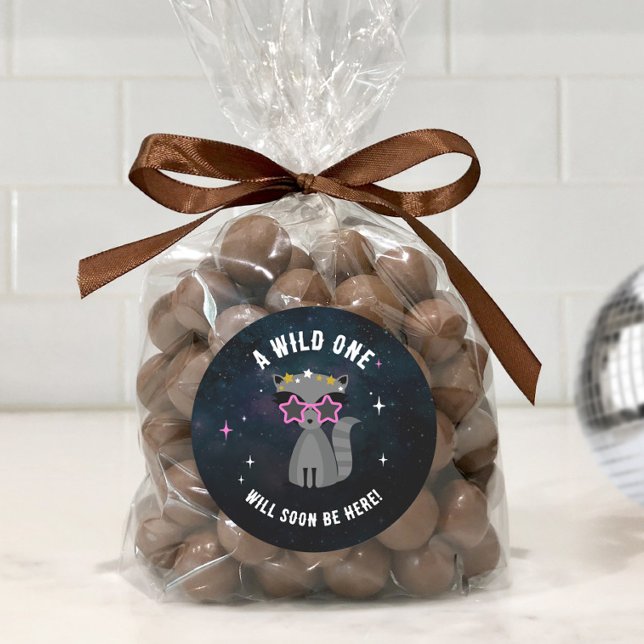 Sticker Rond Raccoon Cosmic Wild One Rose Girl Baby shower (Créateur téléchargé)