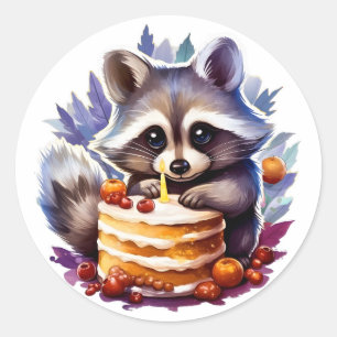 Sticker Rond Raccoon d'hiver avec gâteau du 1er anniversaire