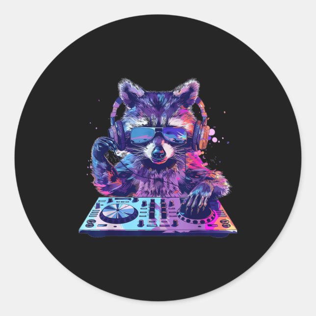 Sticker Rond Raccoon Dj Edm Techno House Music Funny Animal Lov (Devant)