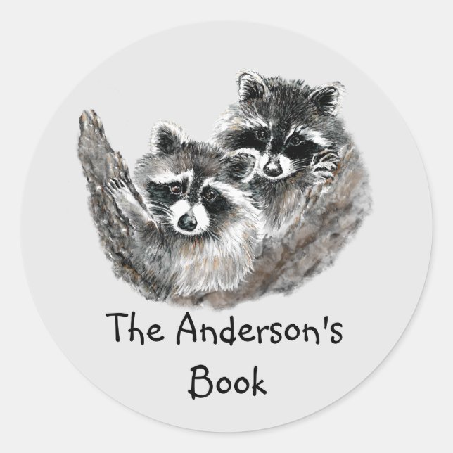 Sticker Rond Raccoon Family Book Plate à Personnaliser (Devant)